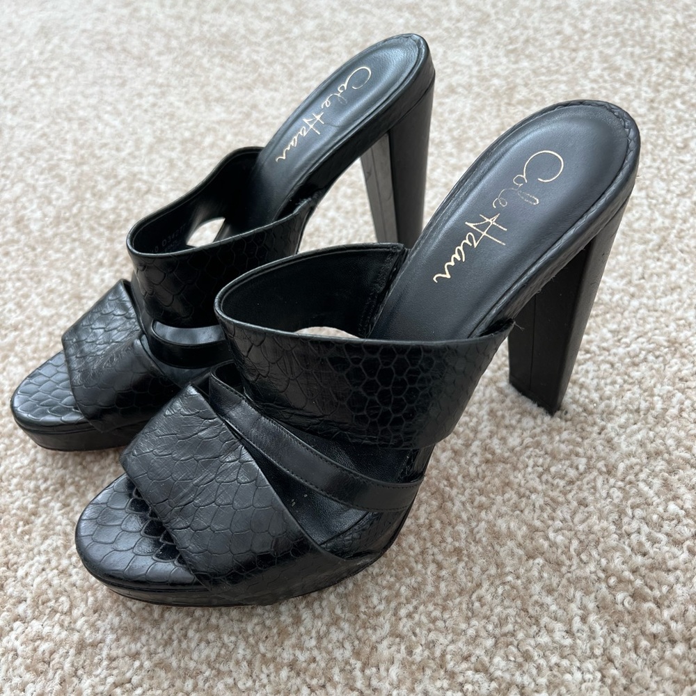 Cole Haan Black Embossed Leather Platform Sandal, Sz 7.5